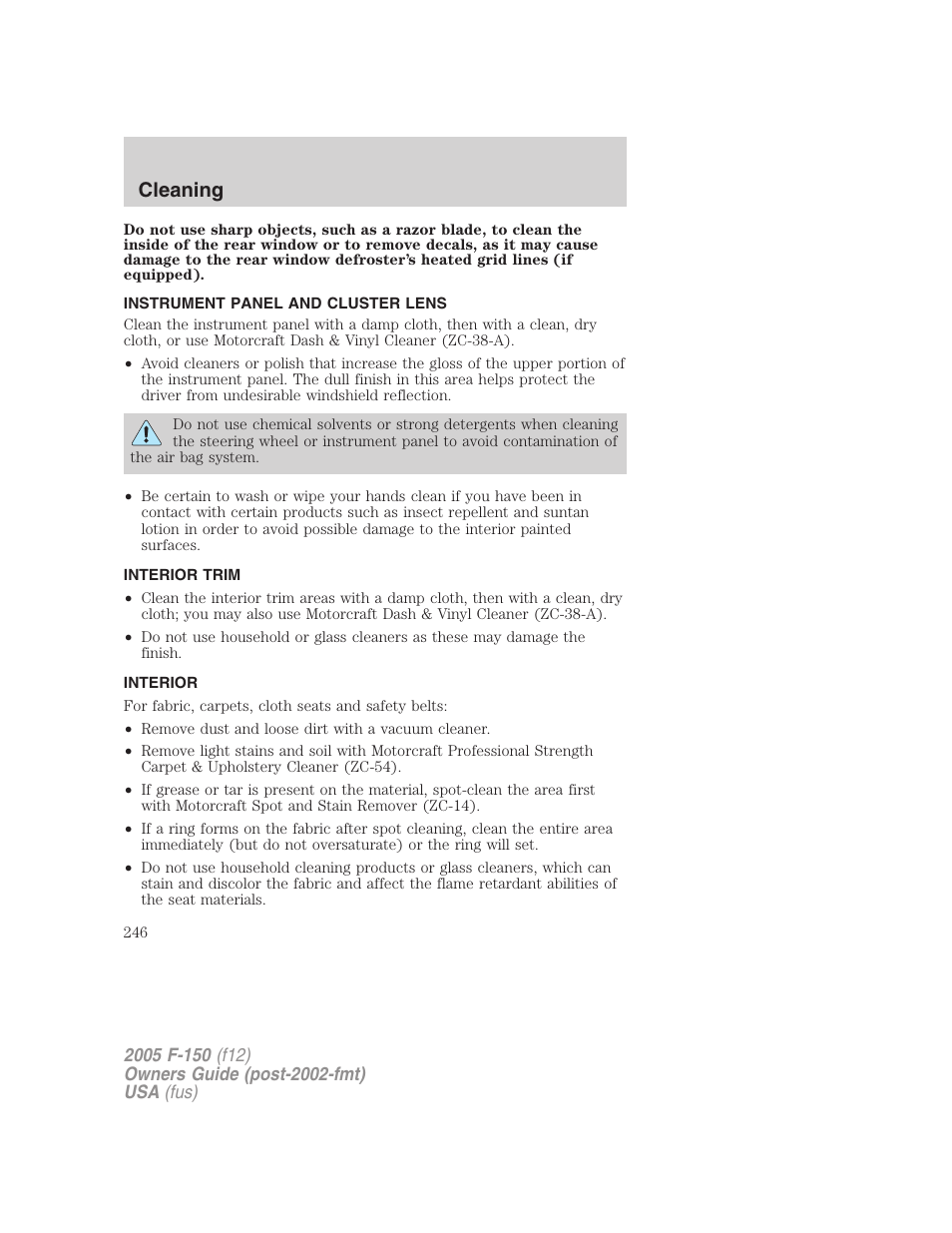 Instrument panel and cluster lens, Interior trim, Interior | Cleaning | FORD 2005 F-150 v.4 User Manual | Page 246 / 312