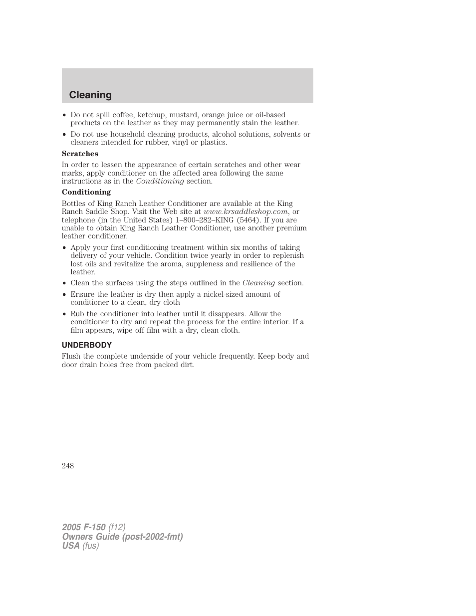 Underbody, Cleaning | FORD 2005 F-150 v.4 User Manual | Page 248 / 312