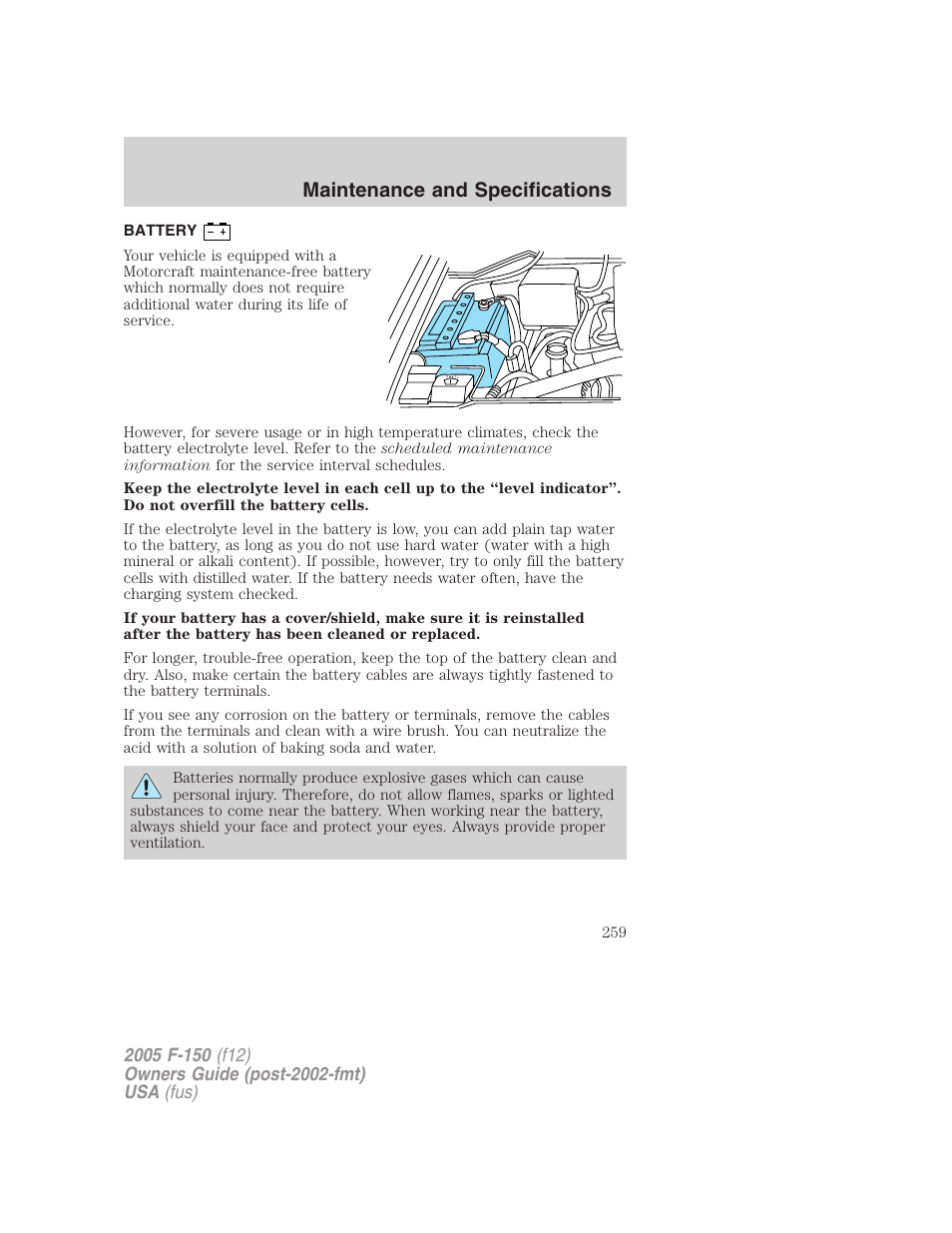 Battery, Maintenance and specifications | FORD 2005 F-150 v.4 User Manual | Page 259 / 312