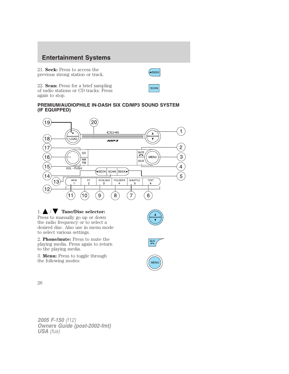 Am/fm stereo with in-dash six cd, Entertainment systems | FORD 2005 F-150 v.4 User Manual | Page 26 / 312