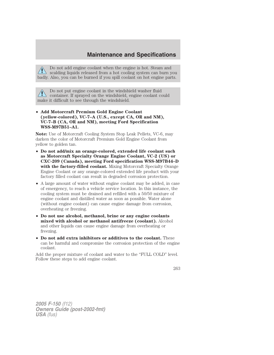 Maintenance and specifications | FORD 2005 F-150 v.4 User Manual | Page 263 / 312