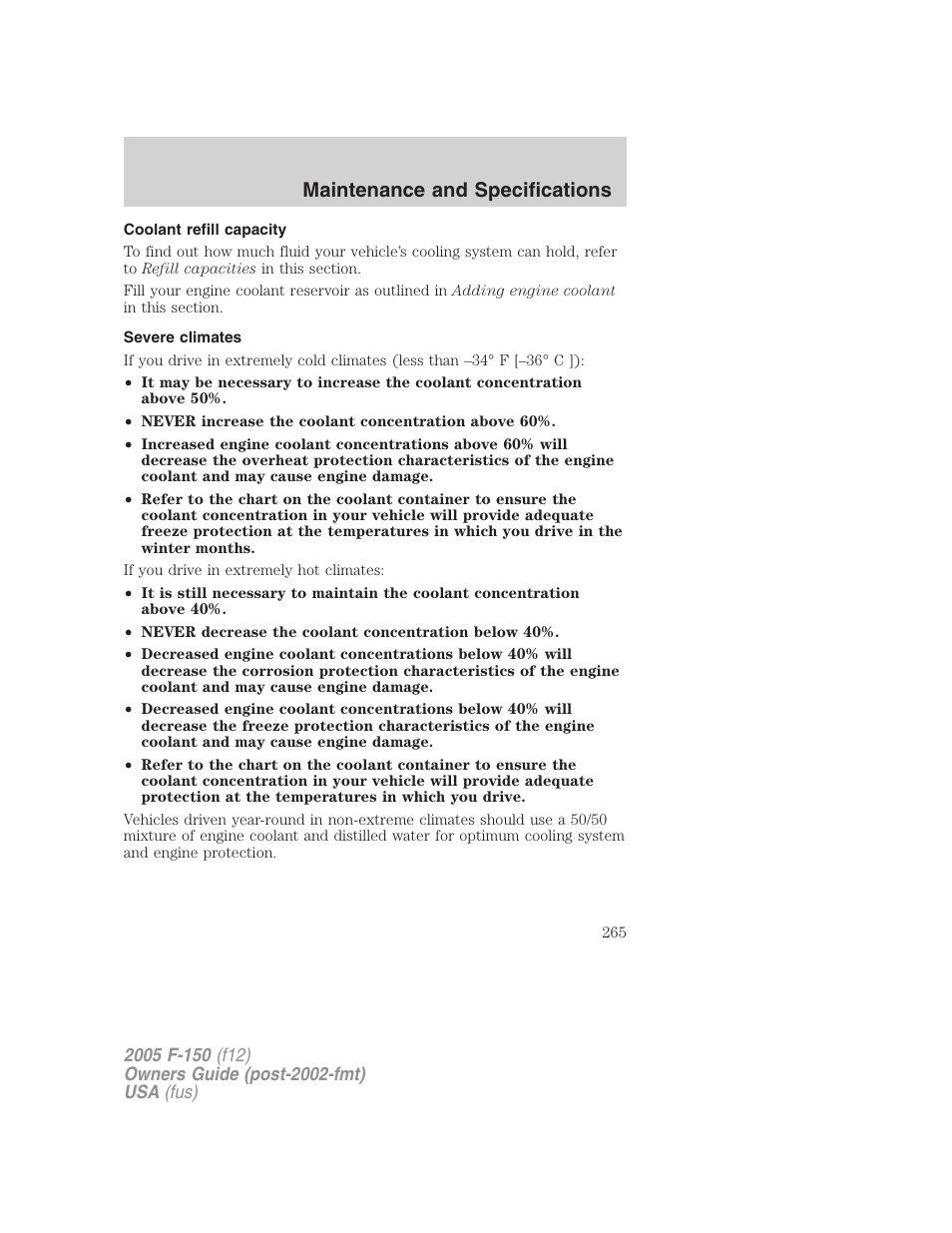 Coolant refill capacity, Severe climates, Maintenance and specifications | FORD 2005 F-150 v.4 User Manual | Page 265 / 312