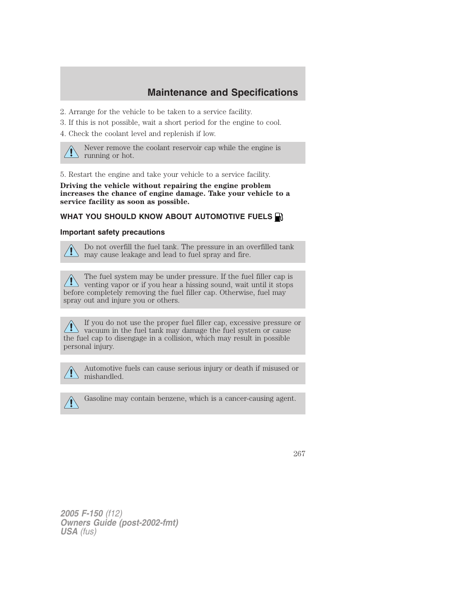 What you should know about automotive fuels, Important safety precautions, Fuel information | Maintenance and specifications | FORD 2005 F-150 v.4 User Manual | Page 267 / 312