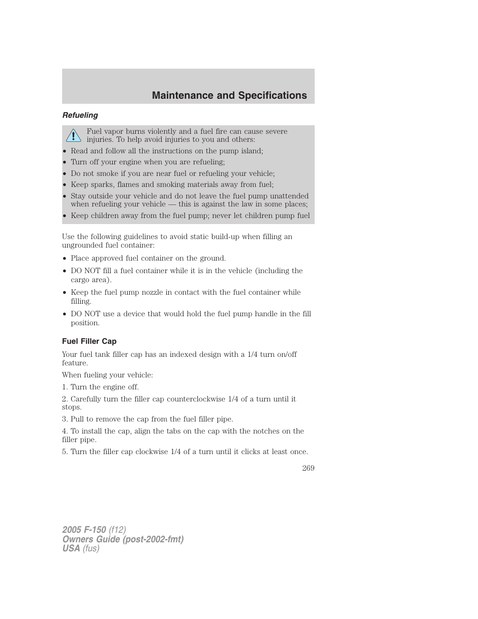 Refueling, Fuel filler cap, Maintenance and specifications | FORD 2005 F-150 v.4 User Manual | Page 269 / 312