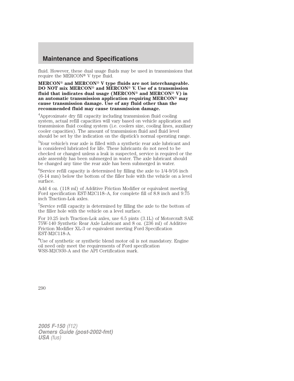 Maintenance and specifications | FORD 2005 F-150 v.4 User Manual | Page 290 / 312