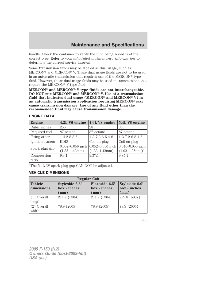 Engine data, Vehicle dimensions, Maintenance and specifications | FORD 2005 F-150 v.4 User Manual | Page 293 / 312