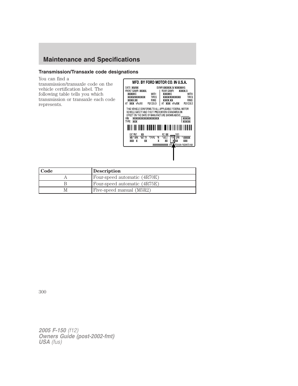 Transmission/transaxle code designations, Maintenance and specifications | FORD 2005 F-150 v.4 User Manual | Page 300 / 312