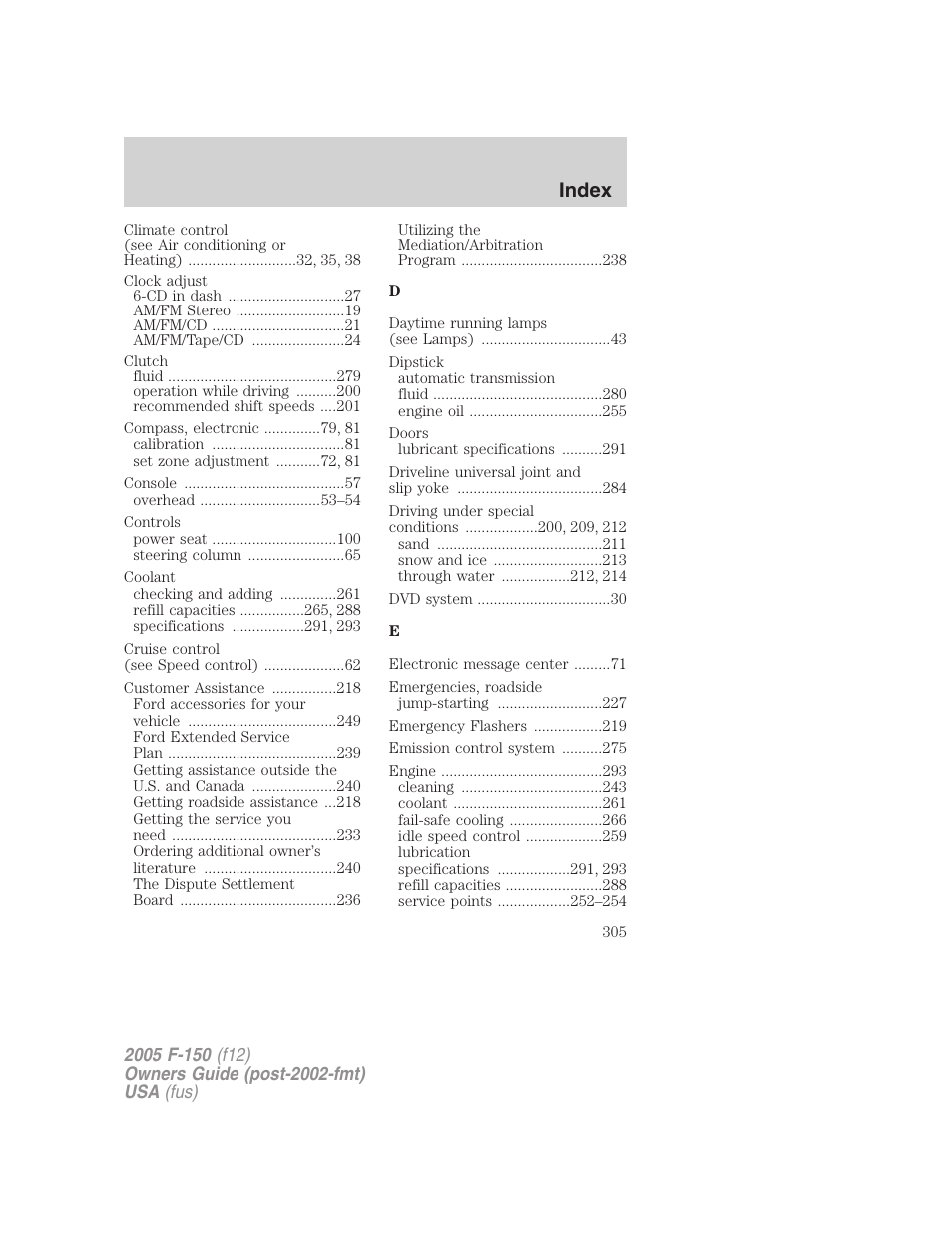 Index | FORD 2005 F-150 v.4 User Manual | Page 305 / 312