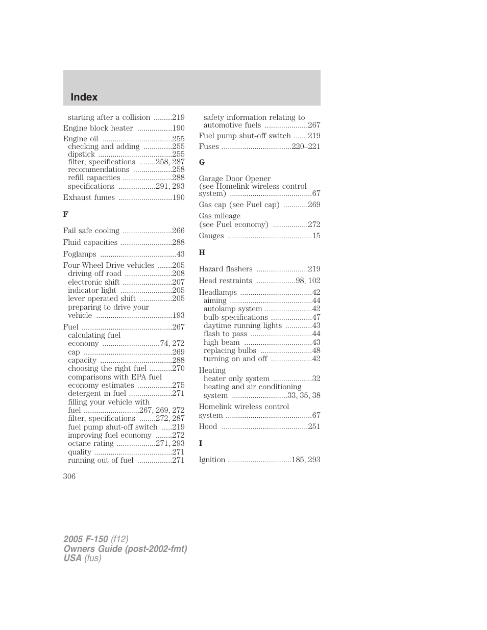 Index | FORD 2005 F-150 v.4 User Manual | Page 306 / 312