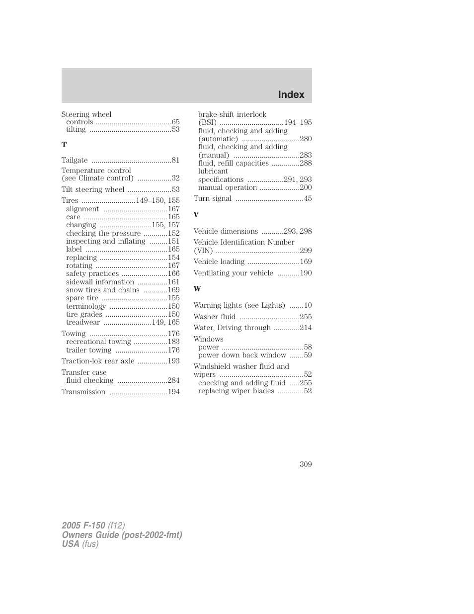 Index | FORD 2005 F-150 v.4 User Manual | Page 309 / 312