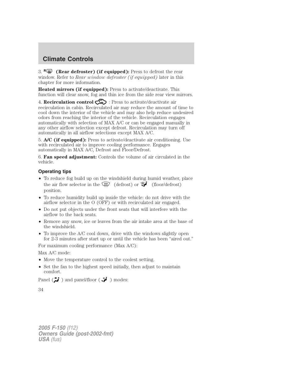 Operating tips, Climate controls | FORD 2005 F-150 v.4 User Manual | Page 34 / 312