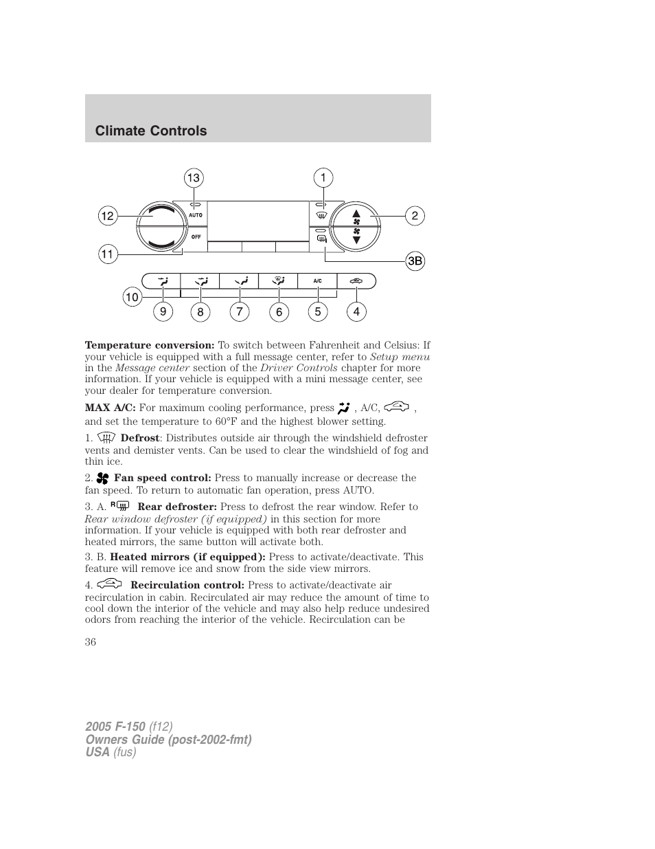 Climate controls | FORD 2005 F-150 v.4 User Manual | Page 36 / 312