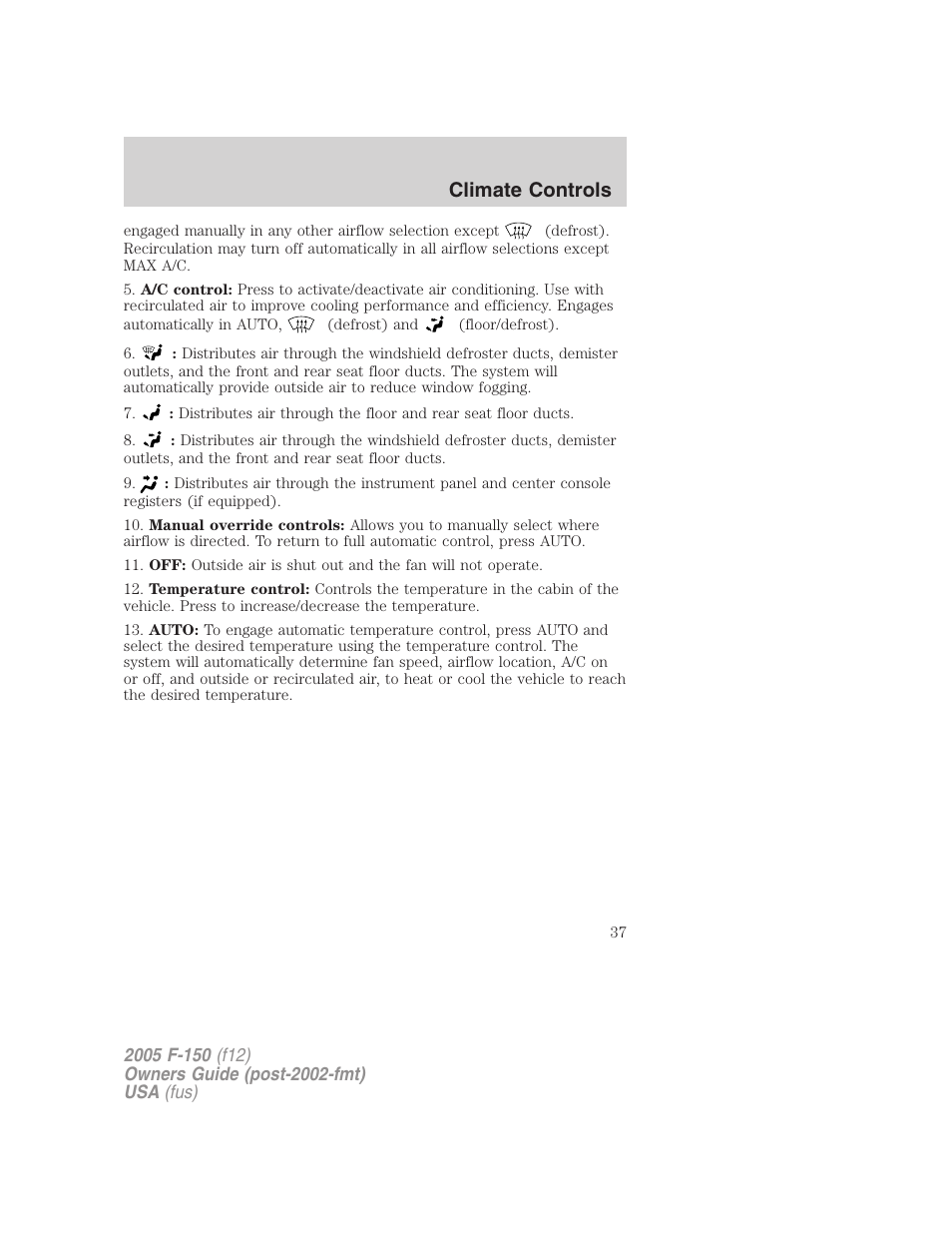 Climate controls | FORD 2005 F-150 v.4 User Manual | Page 37 / 312