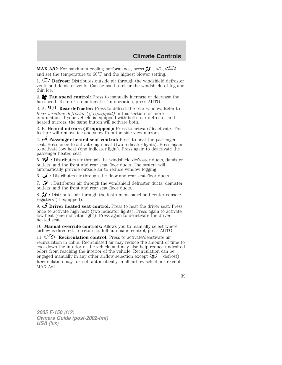 Climate controls | FORD 2005 F-150 v.4 User Manual | Page 39 / 312