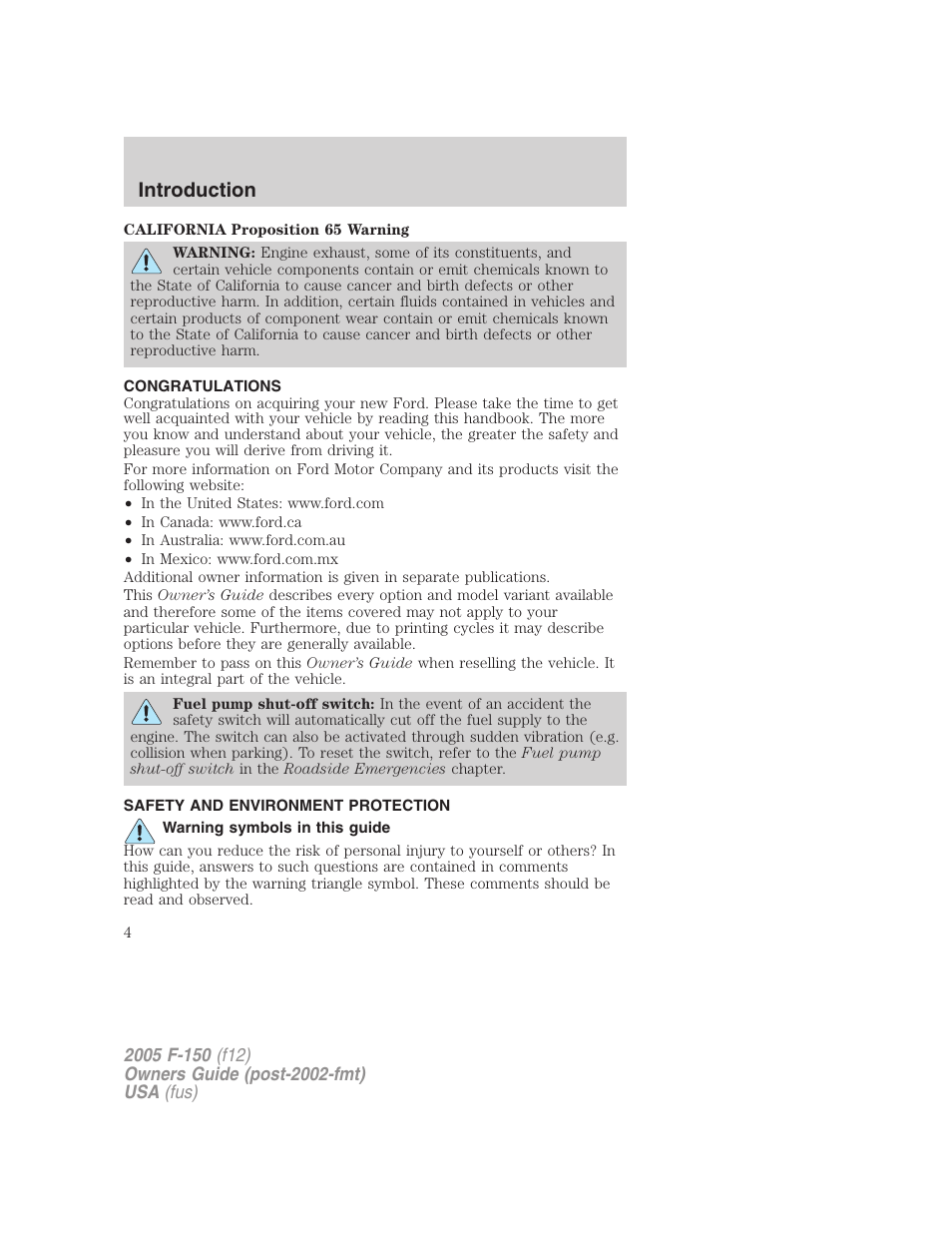 Introduction, Congratulations, Safety and environment protection | Warning symbols in this guide | FORD 2005 F-150 v.4 User Manual | Page 4 / 312