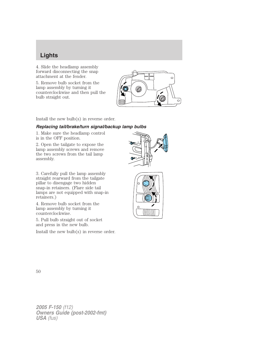 Replacing tail/brake/turn signal/backup lamp bulbs, Lights | FORD 2005 F-150 v.4 User Manual | Page 50 / 312