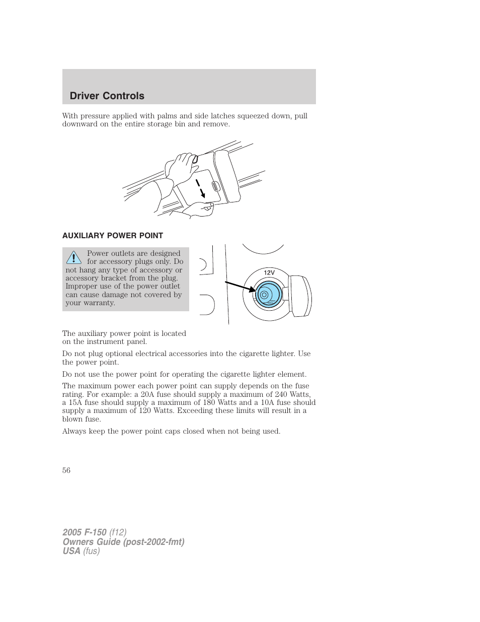 Auxiliary power point, Driver controls | FORD 2005 F-150 v.4 User Manual | Page 56 / 312