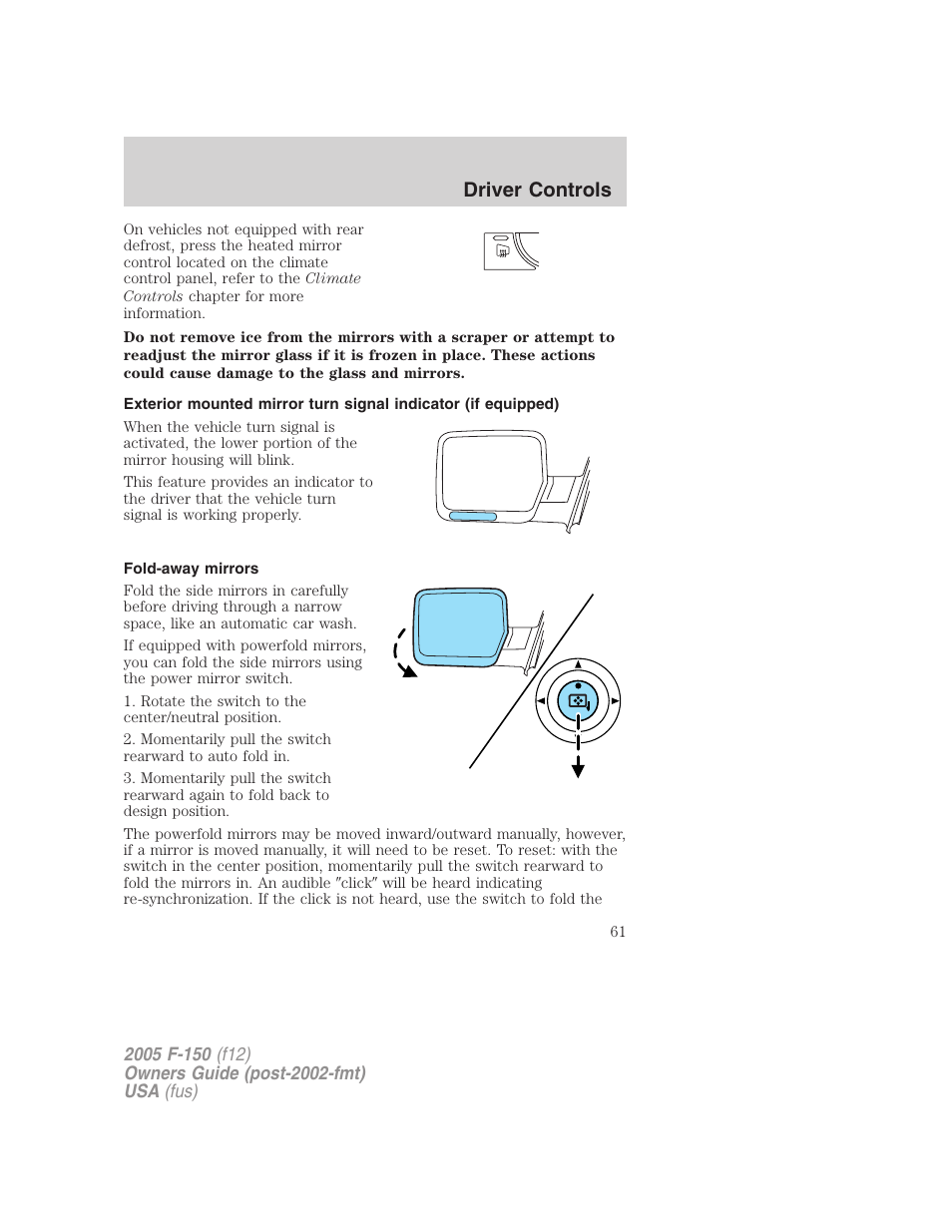 Fold-away mirrors, Driver controls | FORD 2005 F-150 v.4 User Manual | Page 61 / 312