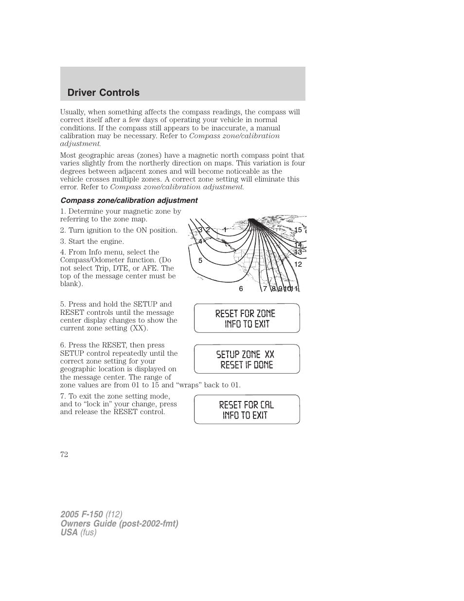 Compass zone/calibration adjustment, Driver controls | FORD 2005 F-150 v.4 User Manual | Page 72 / 312