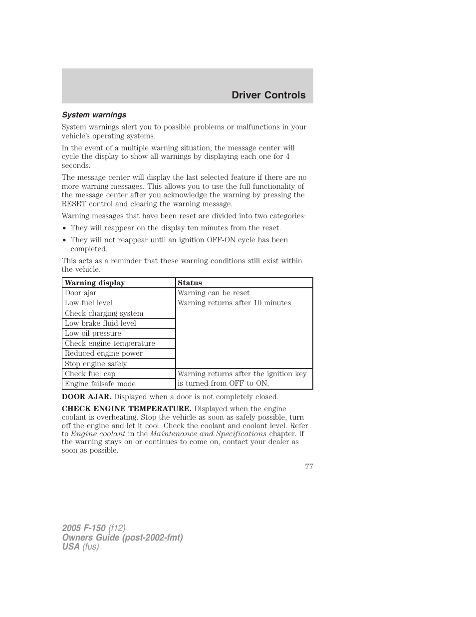 System warnings, Driver controls | FORD 2005 F-150 v.4 User Manual | Page 77 / 312