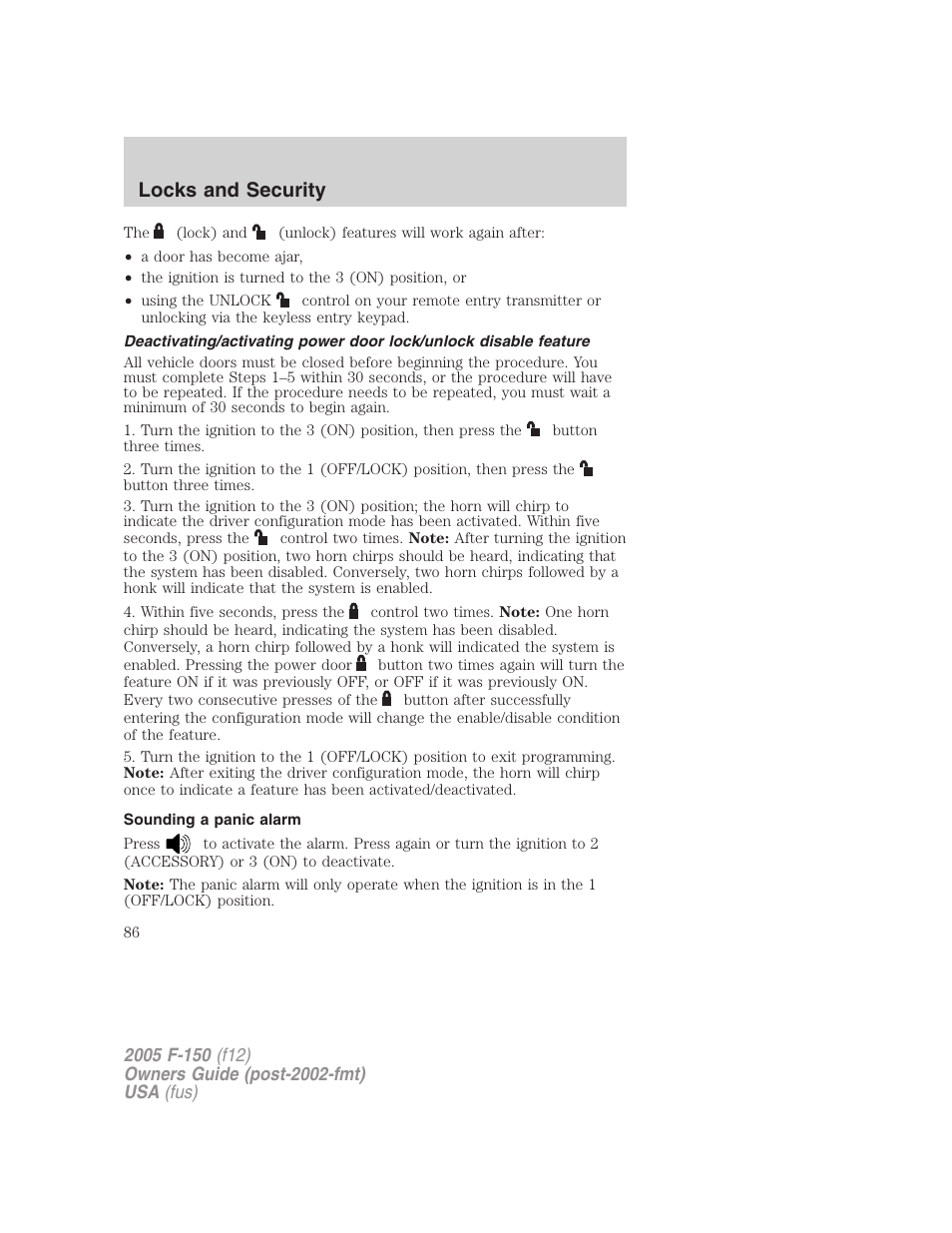 Sounding a panic alarm, Locks and security | FORD 2005 F-150 v.4 User Manual | Page 86 / 312