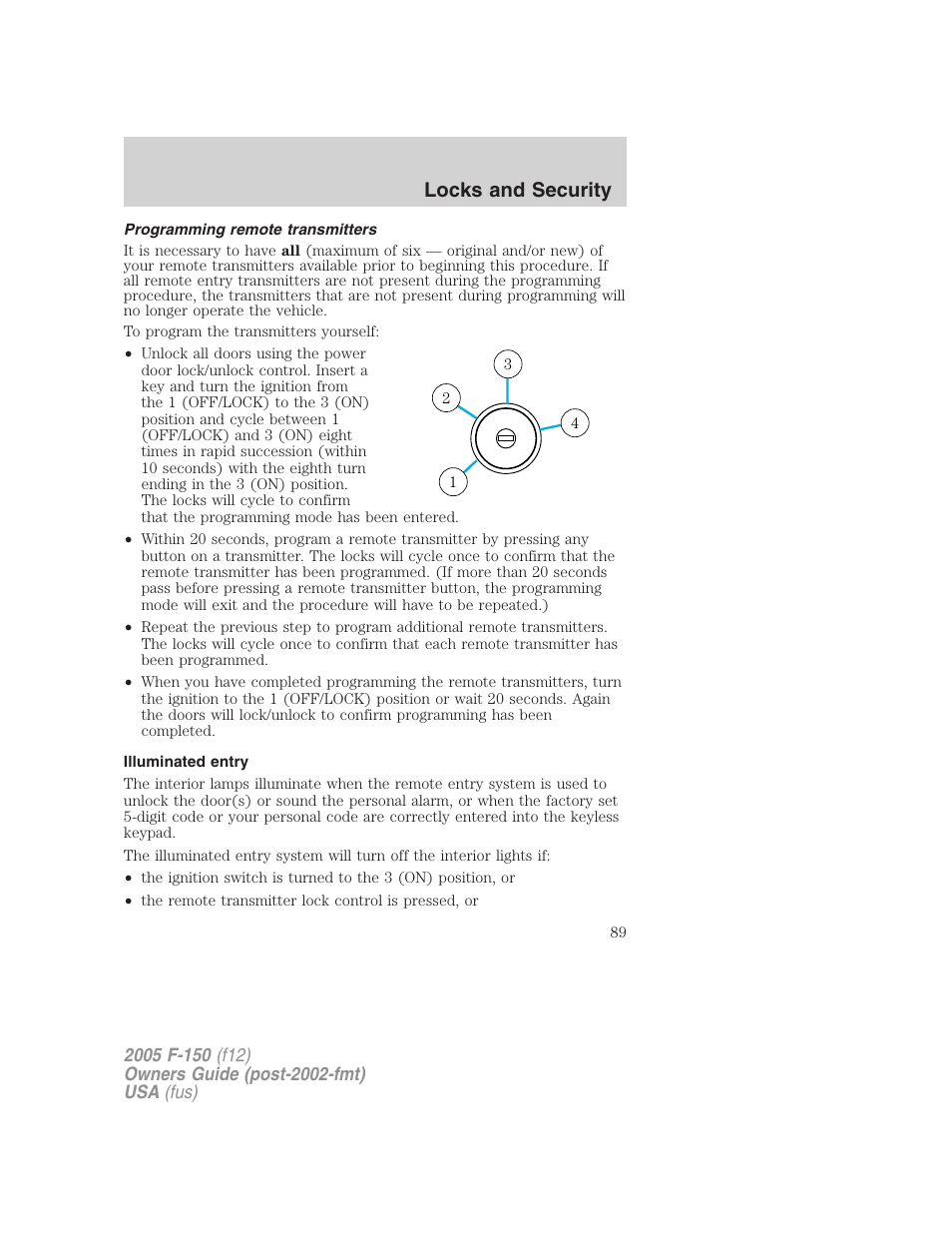 Programming remote transmitters, Illuminated entry, Locks and security | FORD 2005 F-150 v.4 User Manual | Page 89 / 312