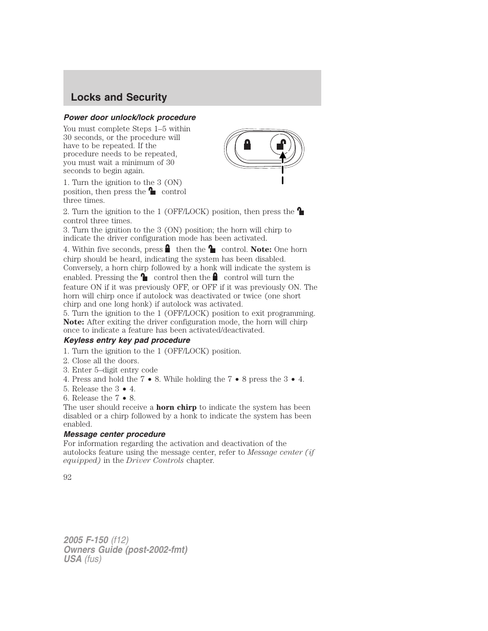 Power door unlock/lock procedure, Keyless entry key pad procedure, Message center procedure | Locks and security | FORD 2005 F-150 v.4 User Manual | Page 92 / 312