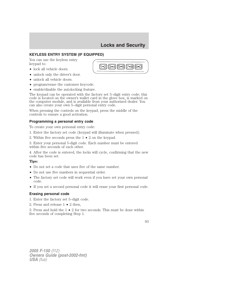 Keyless entry system (if equipped), Programming a personal entry code, Erasing personal code | Locks and security | FORD 2005 F-150 v.4 User Manual | Page 93 / 312