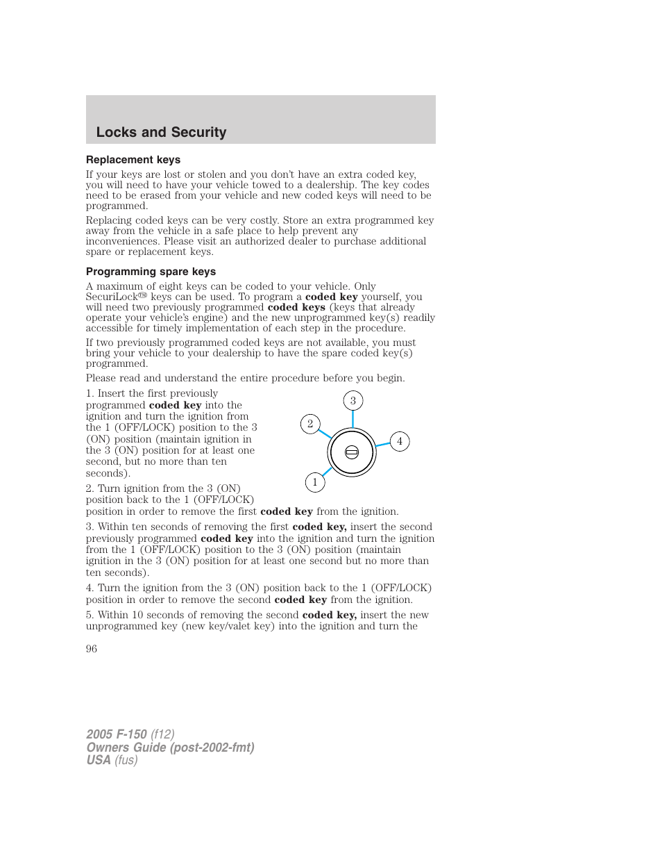 Replacement keys, Programming spare keys, Locks and security | FORD 2005 F-150 v.4 User Manual | Page 96 / 312