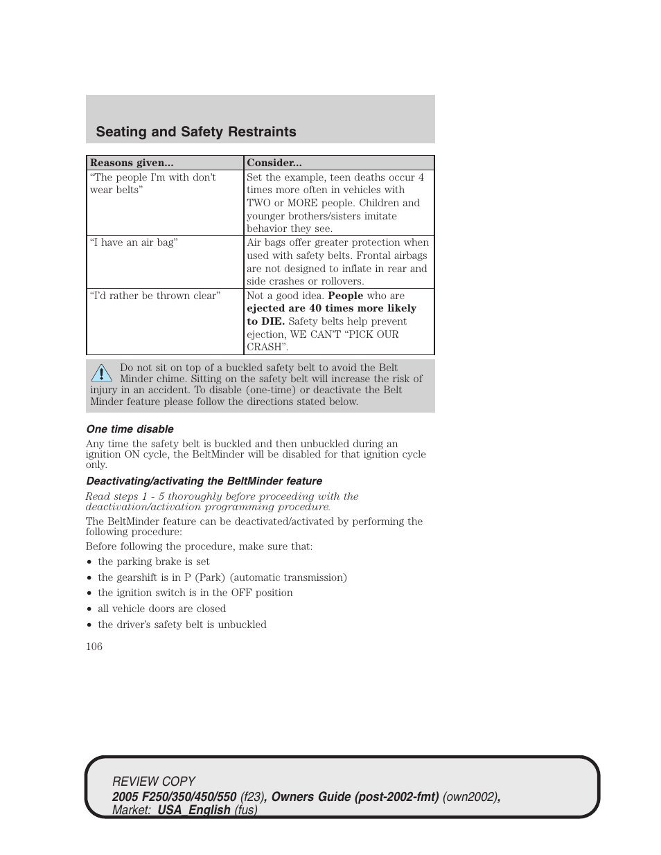 Seating and safety restraints | FORD 2005 F-550 v.1 User Manual | Page 106 / 304