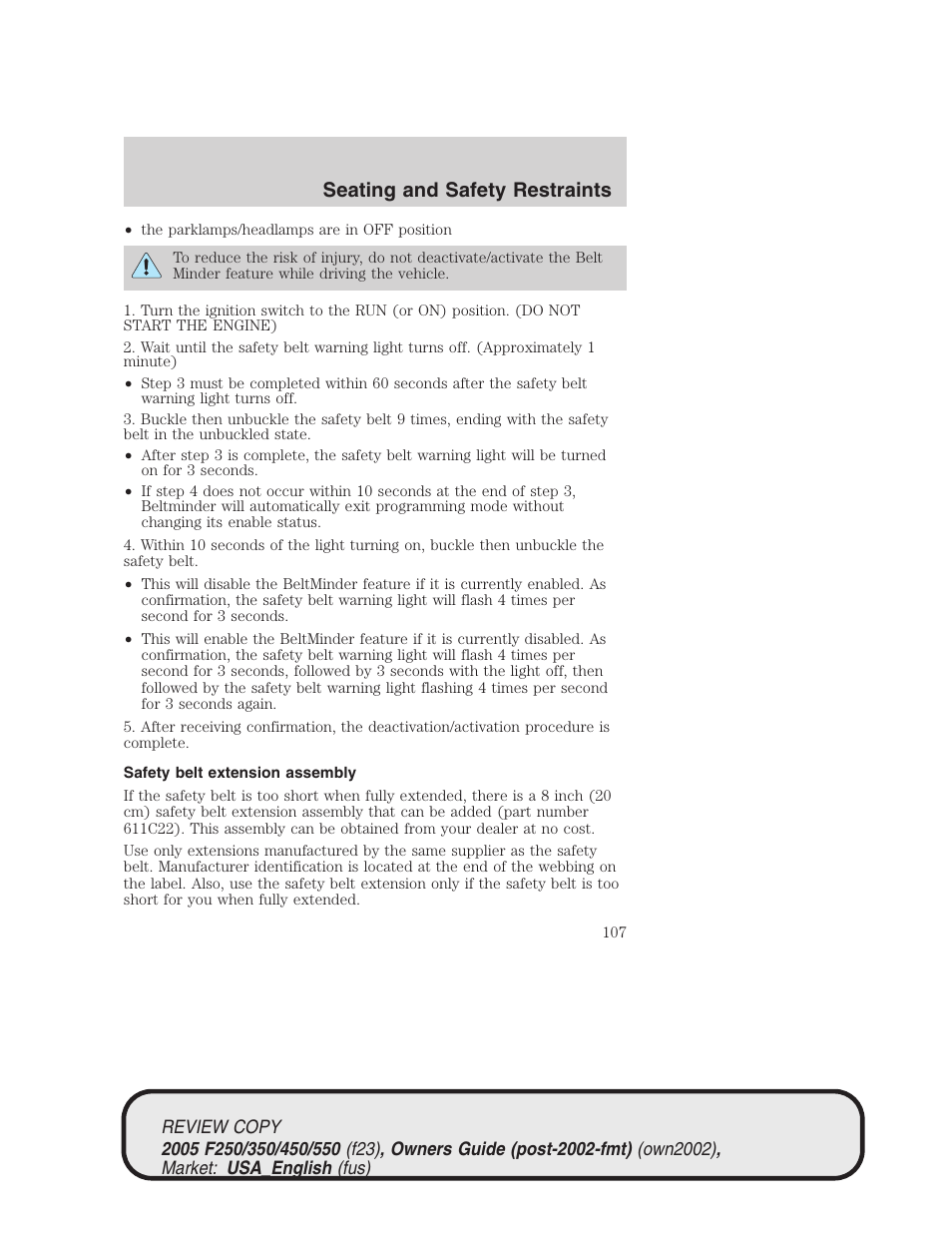 Seating and safety restraints | FORD 2005 F-550 v.1 User Manual | Page 107 / 304