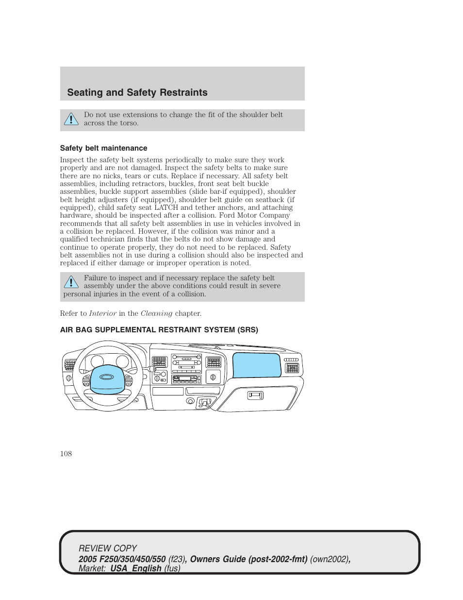 Seating and safety restraints | FORD 2005 F-550 v.1 User Manual | Page 108 / 304