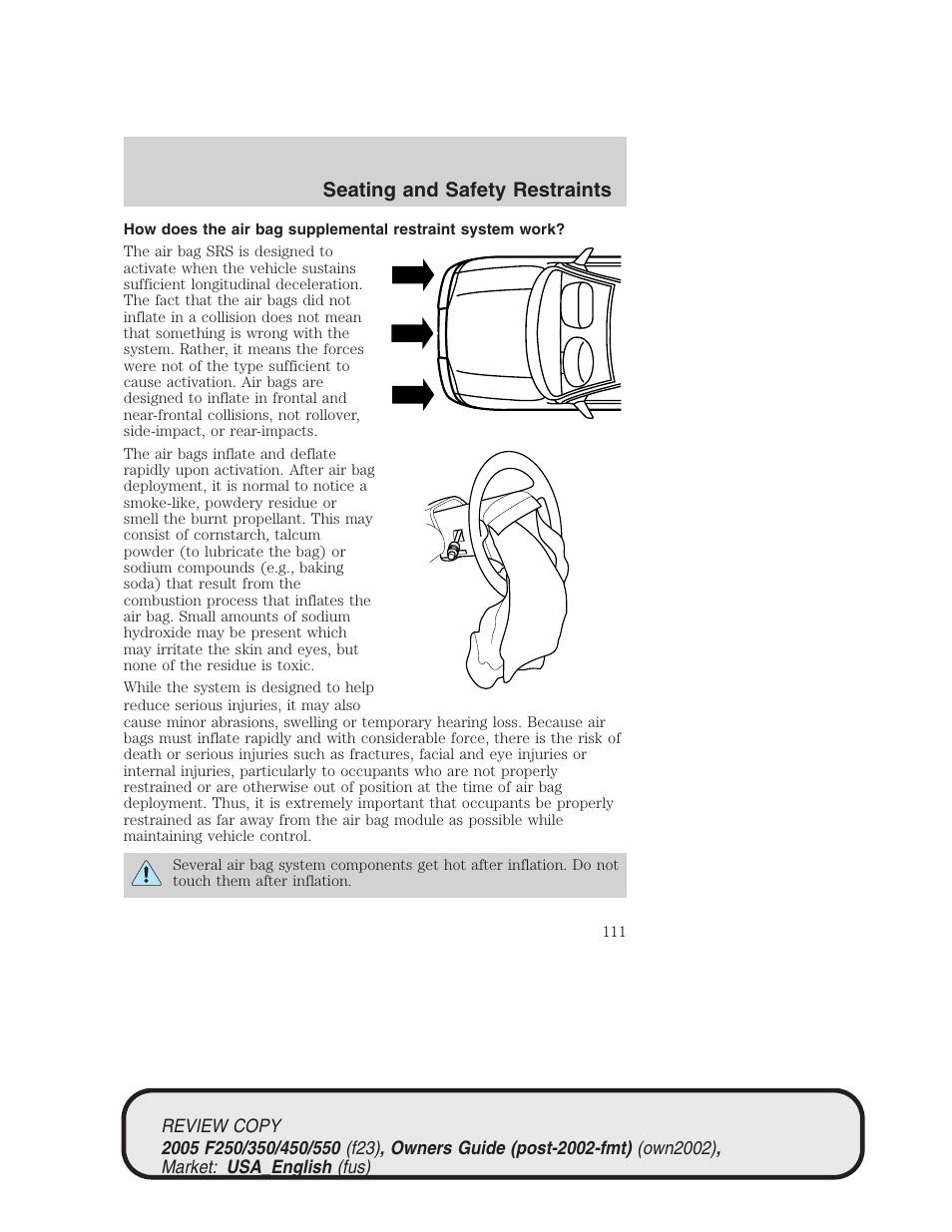 Seating and safety restraints | FORD 2005 F-550 v.1 User Manual | Page 111 / 304