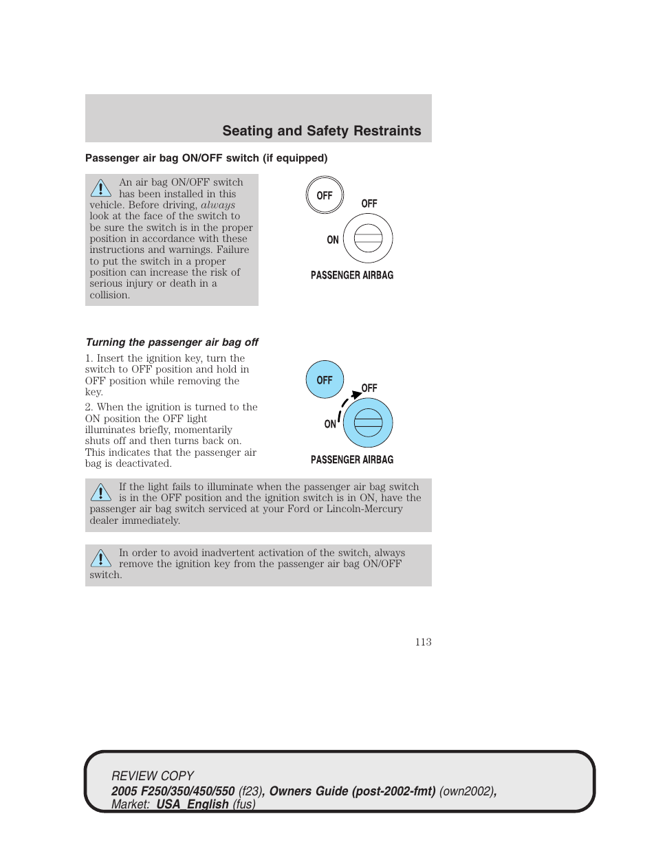 Seating and safety restraints | FORD 2005 F-550 v.1 User Manual | Page 113 / 304