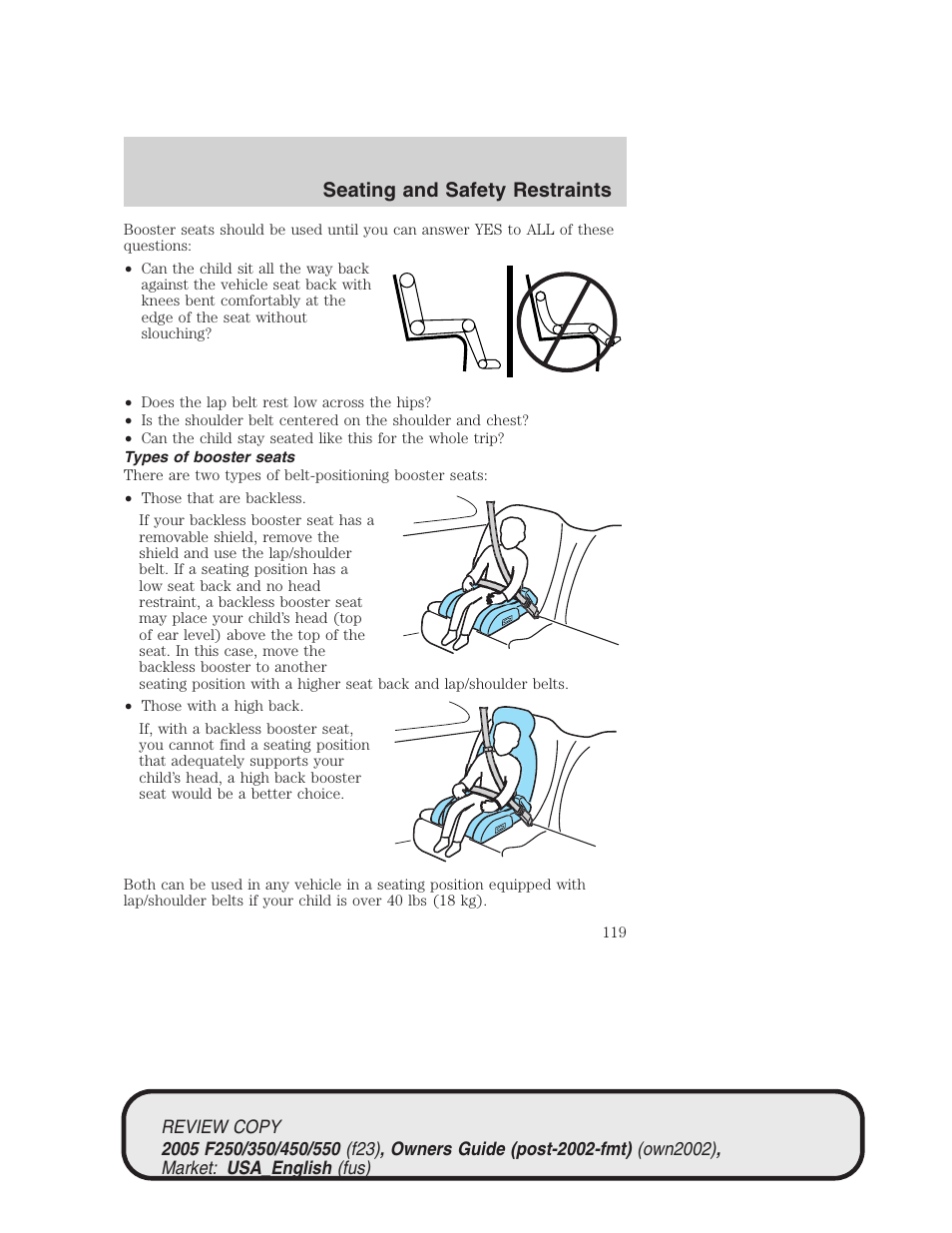 Seating and safety restraints | FORD 2005 F-550 v.1 User Manual | Page 119 / 304