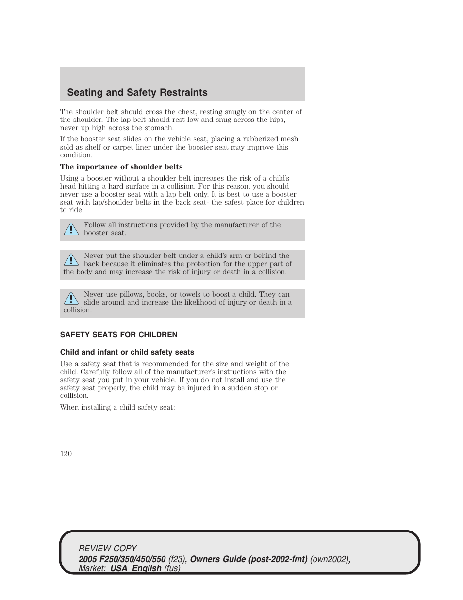 Seating and safety restraints | FORD 2005 F-550 v.1 User Manual | Page 120 / 304