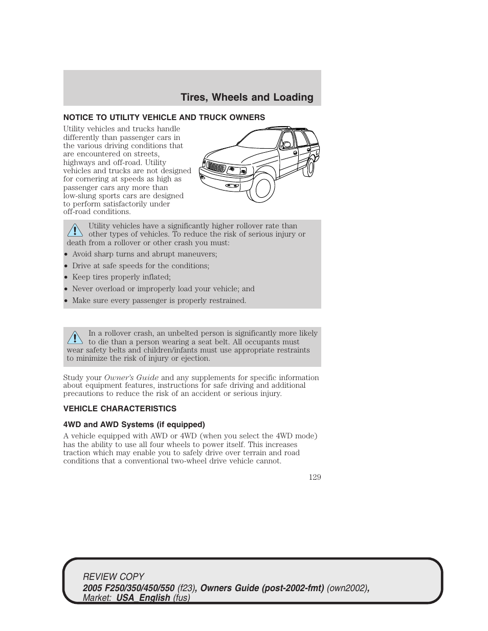 Tires, wheels and loading | FORD 2005 F-550 v.1 User Manual | Page 129 / 304