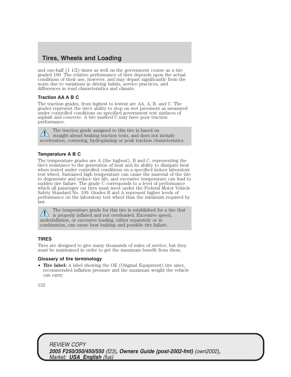 Tires, wheels and loading | FORD 2005 F-550 v.1 User Manual | Page 132 / 304
