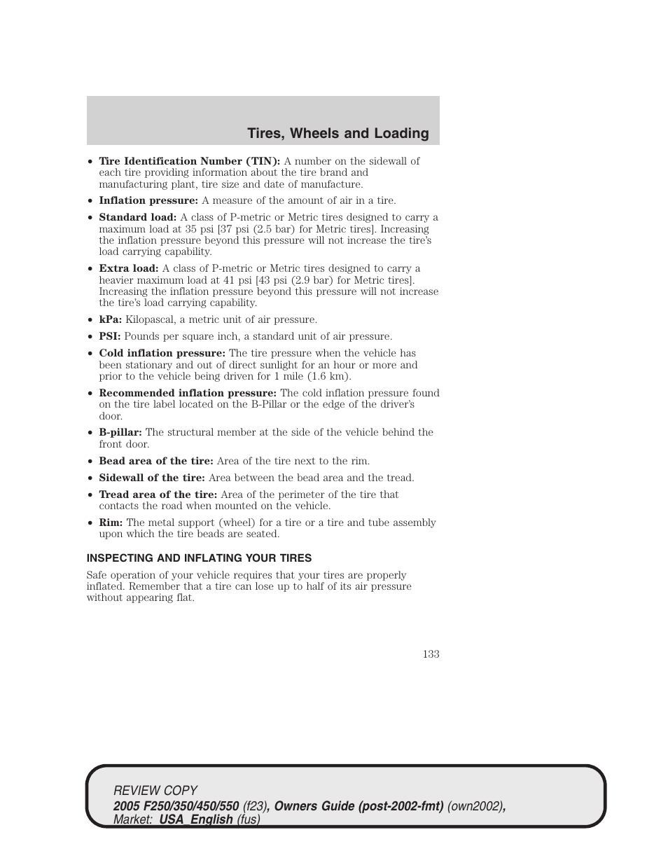 Tires, wheels and loading | FORD 2005 F-550 v.1 User Manual | Page 133 / 304