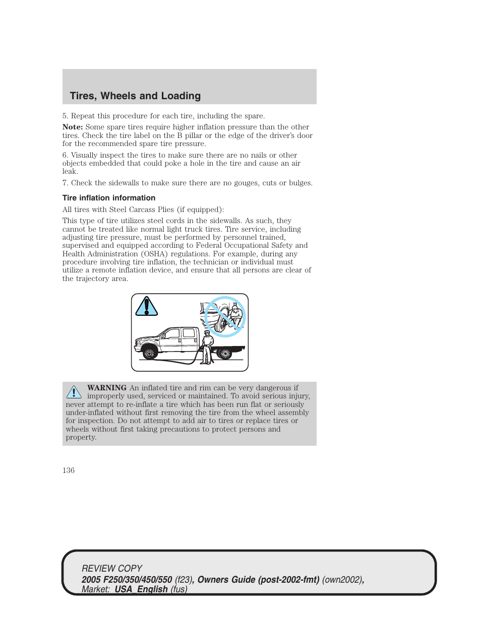 Tires, wheels and loading | FORD 2005 F-550 v.1 User Manual | Page 136 / 304