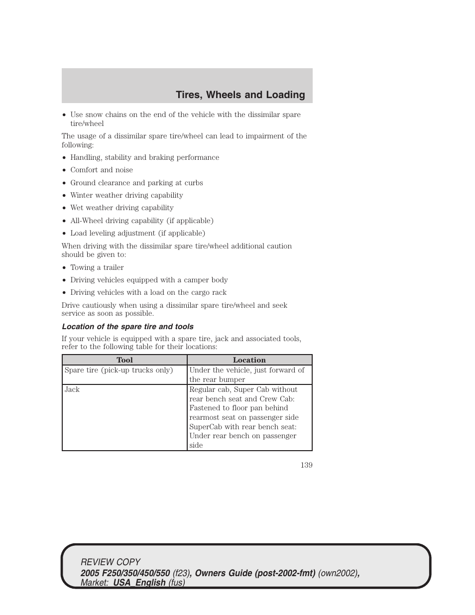 Tires, wheels and loading | FORD 2005 F-550 v.1 User Manual | Page 139 / 304