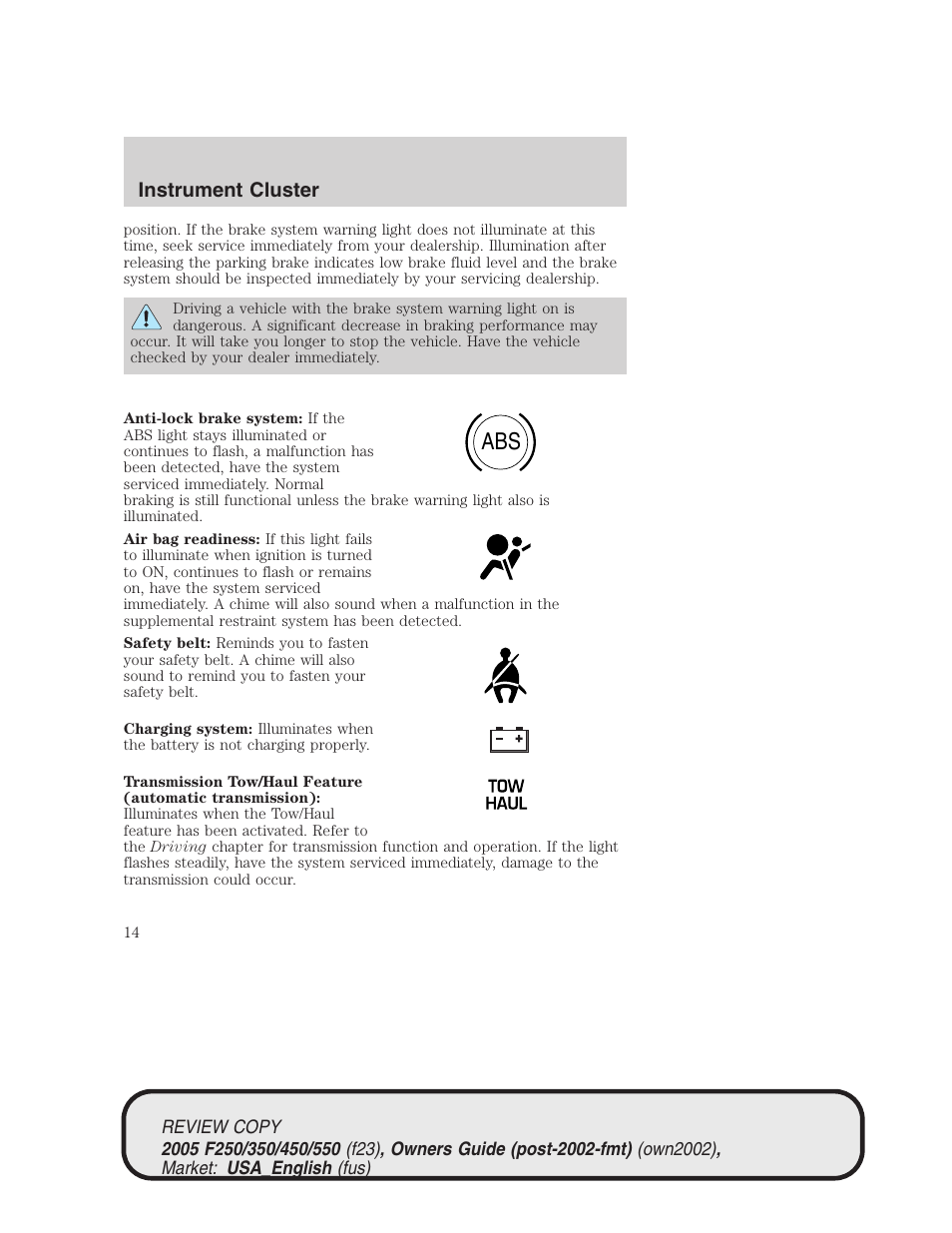 Instrument cluster | FORD 2005 F-550 v.1 User Manual | Page 14 / 304