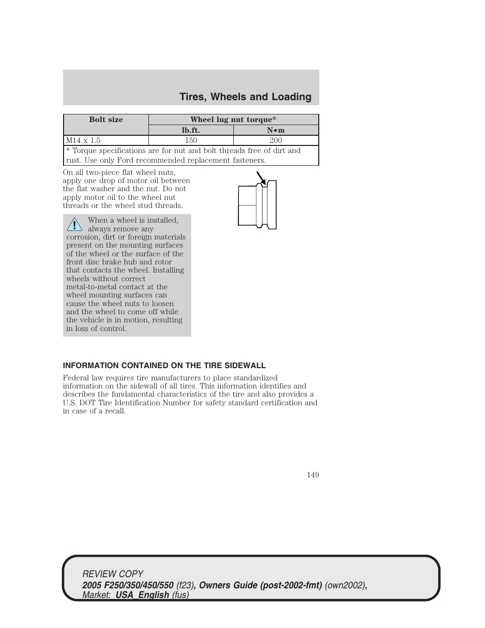 Tires, wheels and loading | FORD 2005 F-550 v.1 User Manual | Page 149 / 304