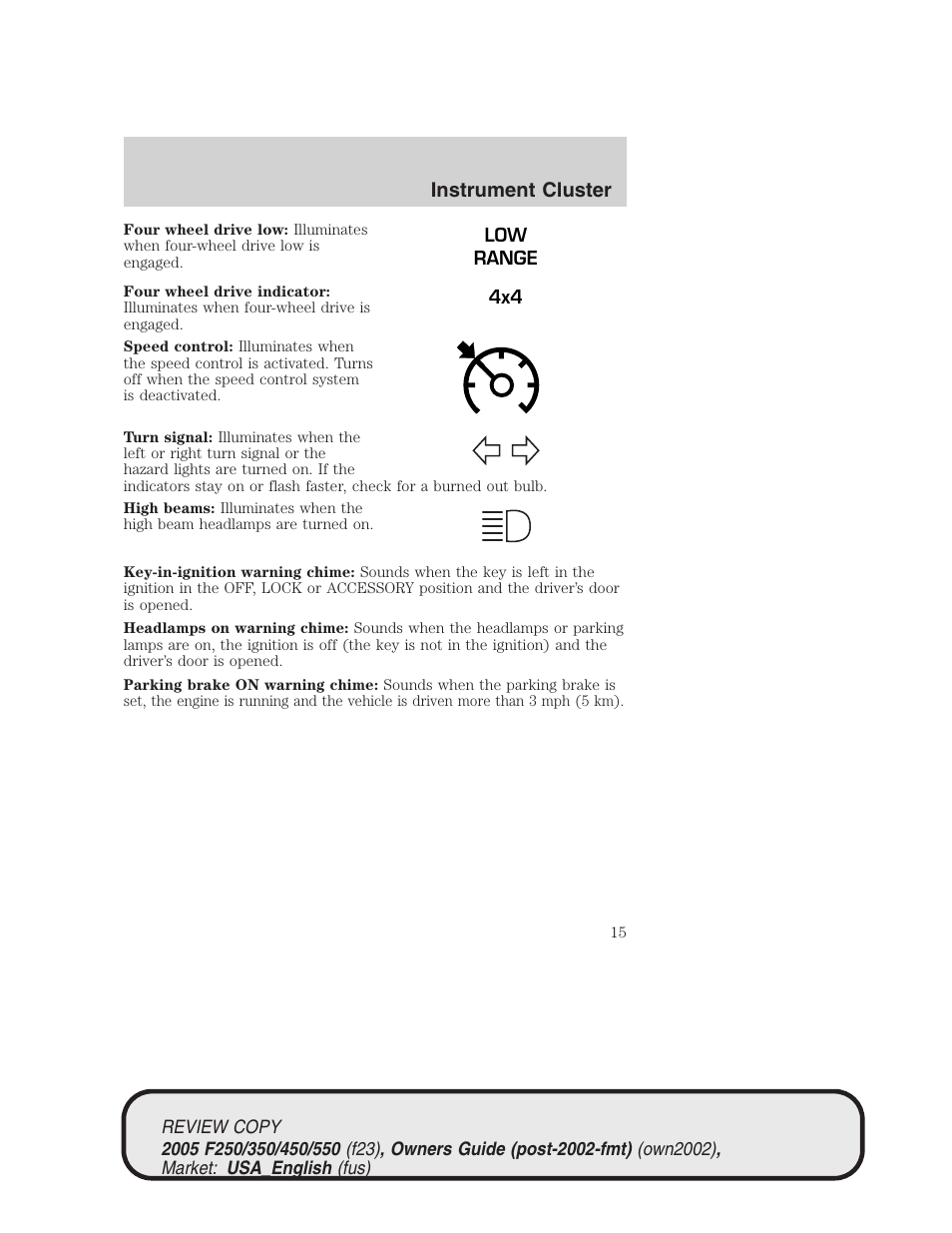 Instrument cluster | FORD 2005 F-550 v.1 User Manual | Page 15 / 304