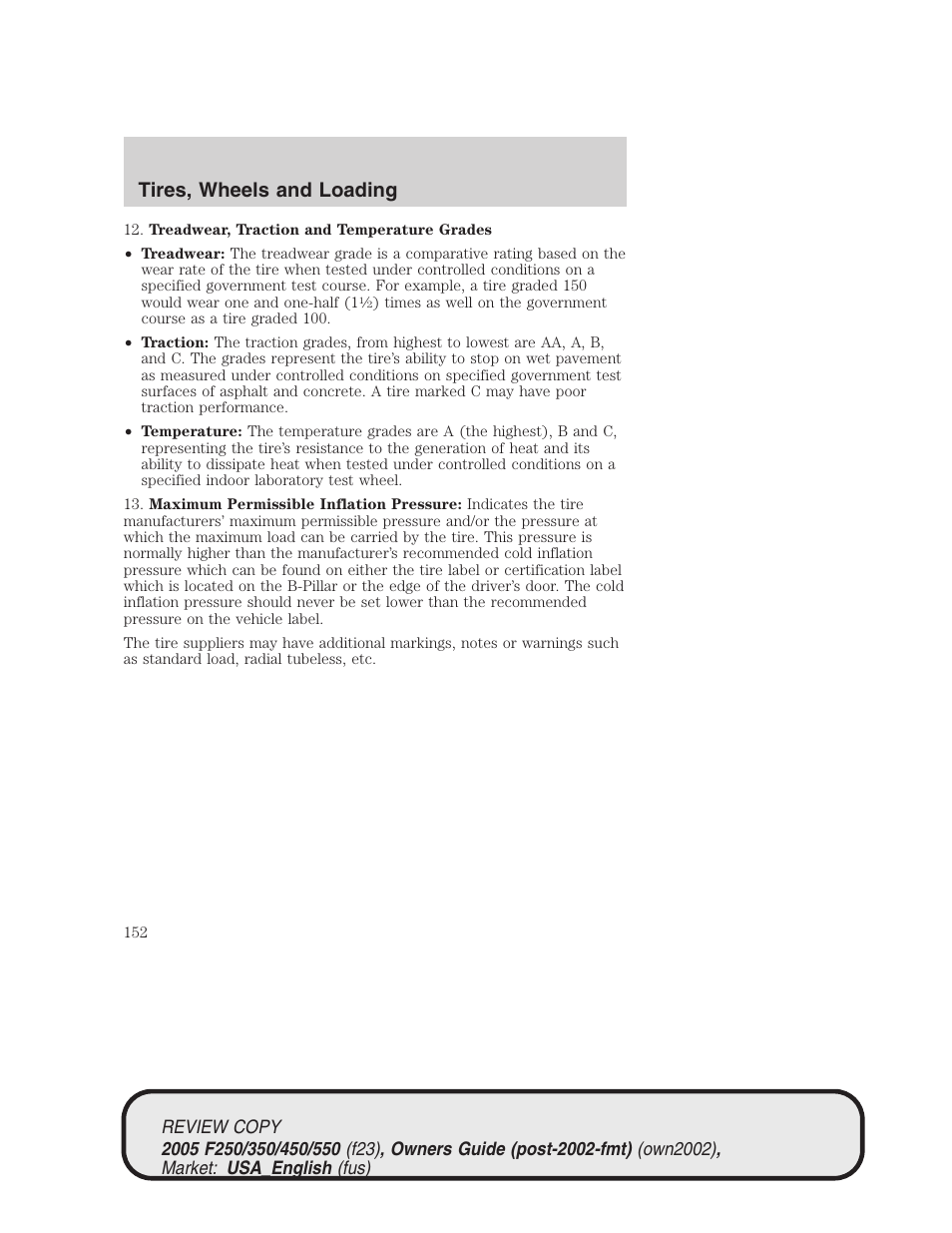 Tires, wheels and loading | FORD 2005 F-550 v.1 User Manual | Page 152 / 304