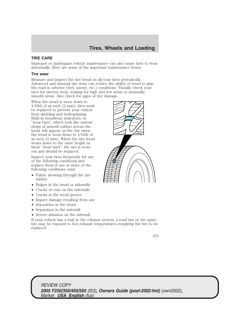 Tires, wheels and loading | FORD 2005 F-550 v.1 User Manual | Page 155 / 304