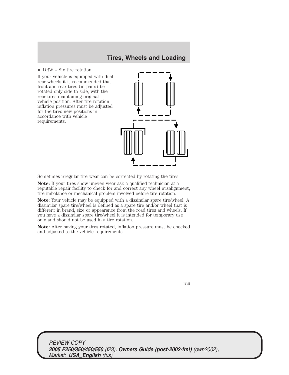 Tires, wheels and loading | FORD 2005 F-550 v.1 User Manual | Page 159 / 304