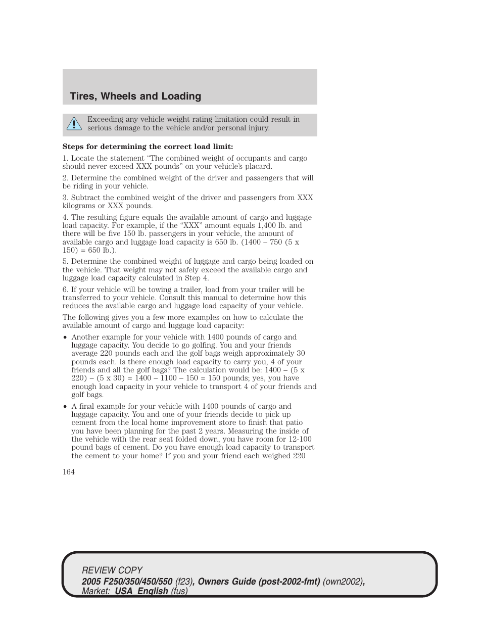 Tires, wheels and loading | FORD 2005 F-550 v.1 User Manual | Page 164 / 304