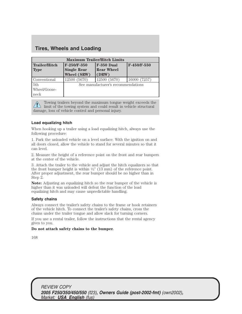 Tires, wheels and loading | FORD 2005 F-550 v.1 User Manual | Page 168 / 304