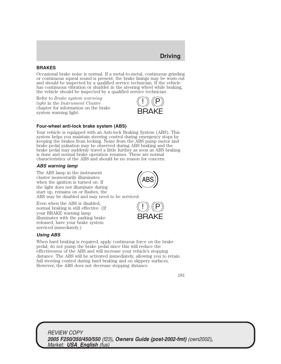 P! brake abs p ! brake | FORD 2005 F-550 v.1 User Manual | Page 181 / 304